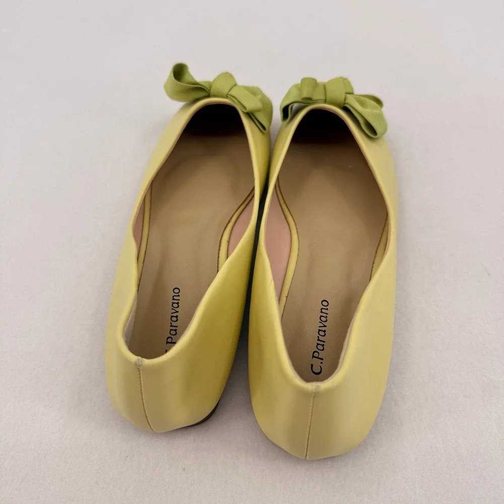 C.Paravano Women Pastel Yellow Square Toe Bow Ballet Flats Size 42 LimeGreen Bow